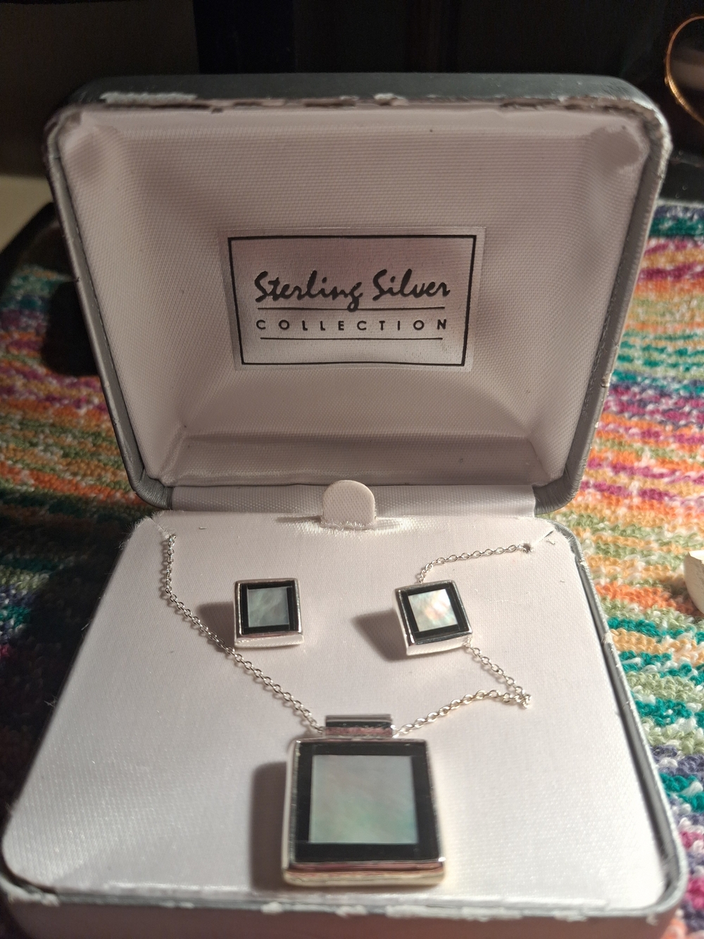 Sterling Silver Collection Inlaid Mother of Pearl & Black Enamel Square Jewelry